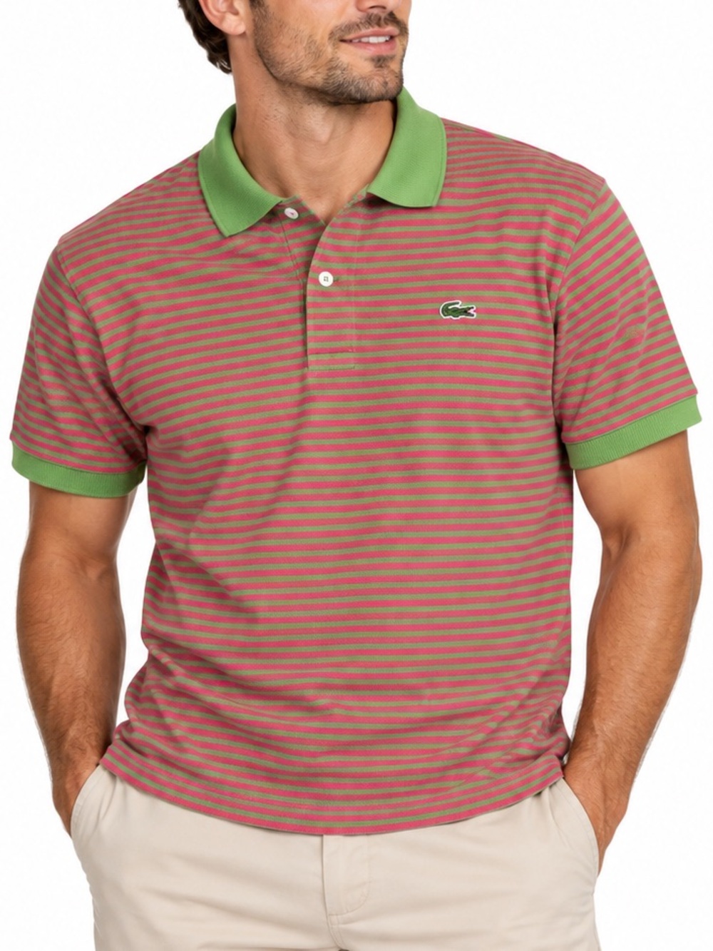 Lacoste Men’s Size 6 Pink Green Striped Cotton Polo Shirt Made in Peru